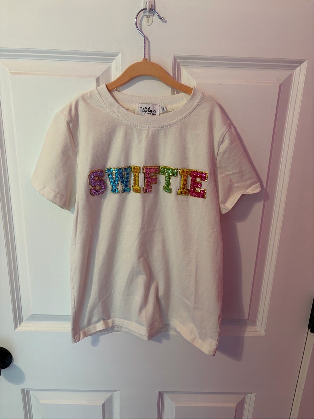 Lola + The Boys White Short Sleeve Tee with Multicolor Sequin Letters